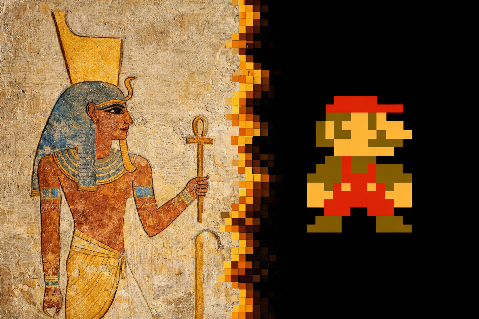Comparison of an Egyptian fresco with the original Mario
